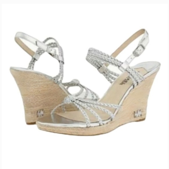 EUC [Michael Kors] Braided < Palm Beach > Silver Strappy Cork Wedge Sandals | 7 - Picture 12 of 13